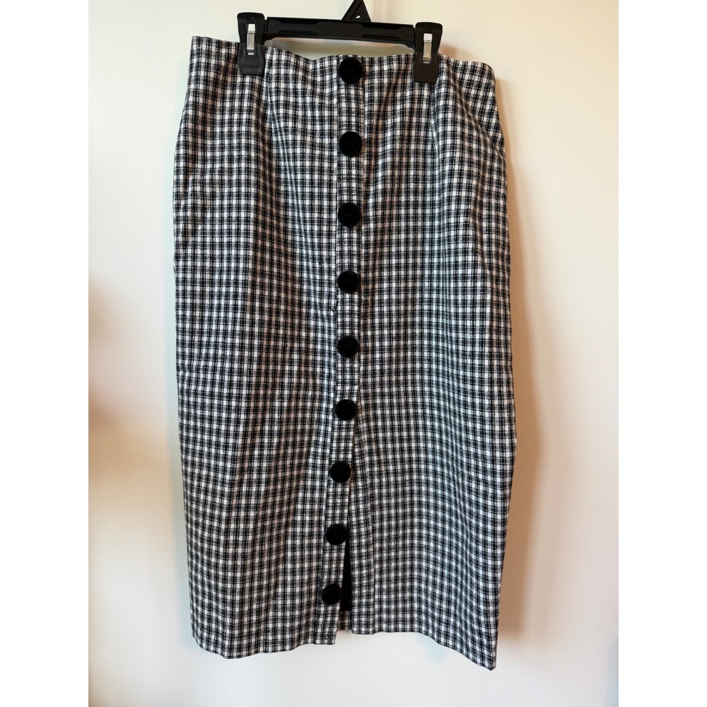 VICI Black White Checkered Button Front Midi Skirt Large Plaid High Waist Pencil